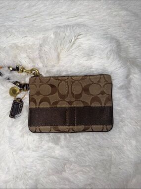 Coach Brown Signature Canvas Key & Card Pouch with Gold Hardware